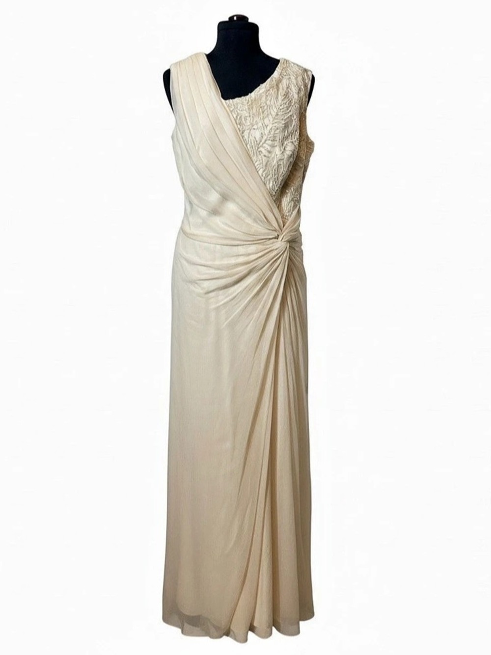 Tadashi Shoji Draped Embroidered Formal Wedding Dress in Cream Size 16 Like New